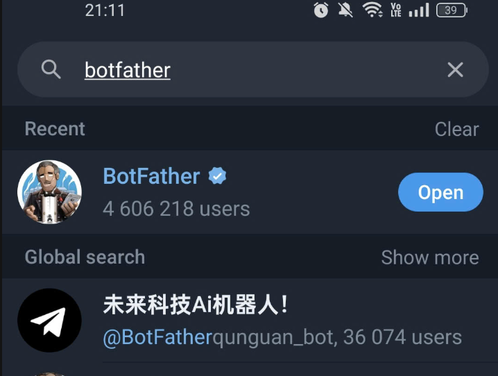 Screenshot of the Telegram BotFather interface with initial commands