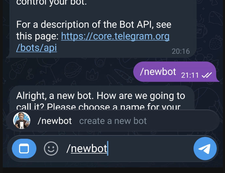 Visual guide showing the /newbot command and response