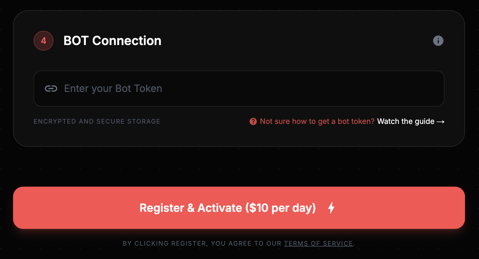 Paste the token into the Connection field on registration page